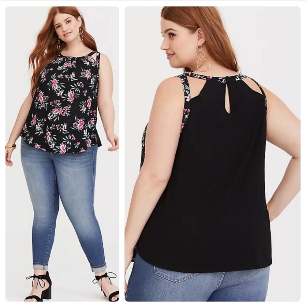 Torrid Black Floral Georgette Tank with woven back. Caged sleeves, Size 3